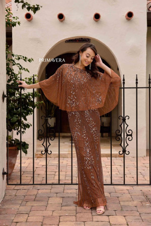 Primavera 13152 Beaded Gown with Sheer Popover Cape