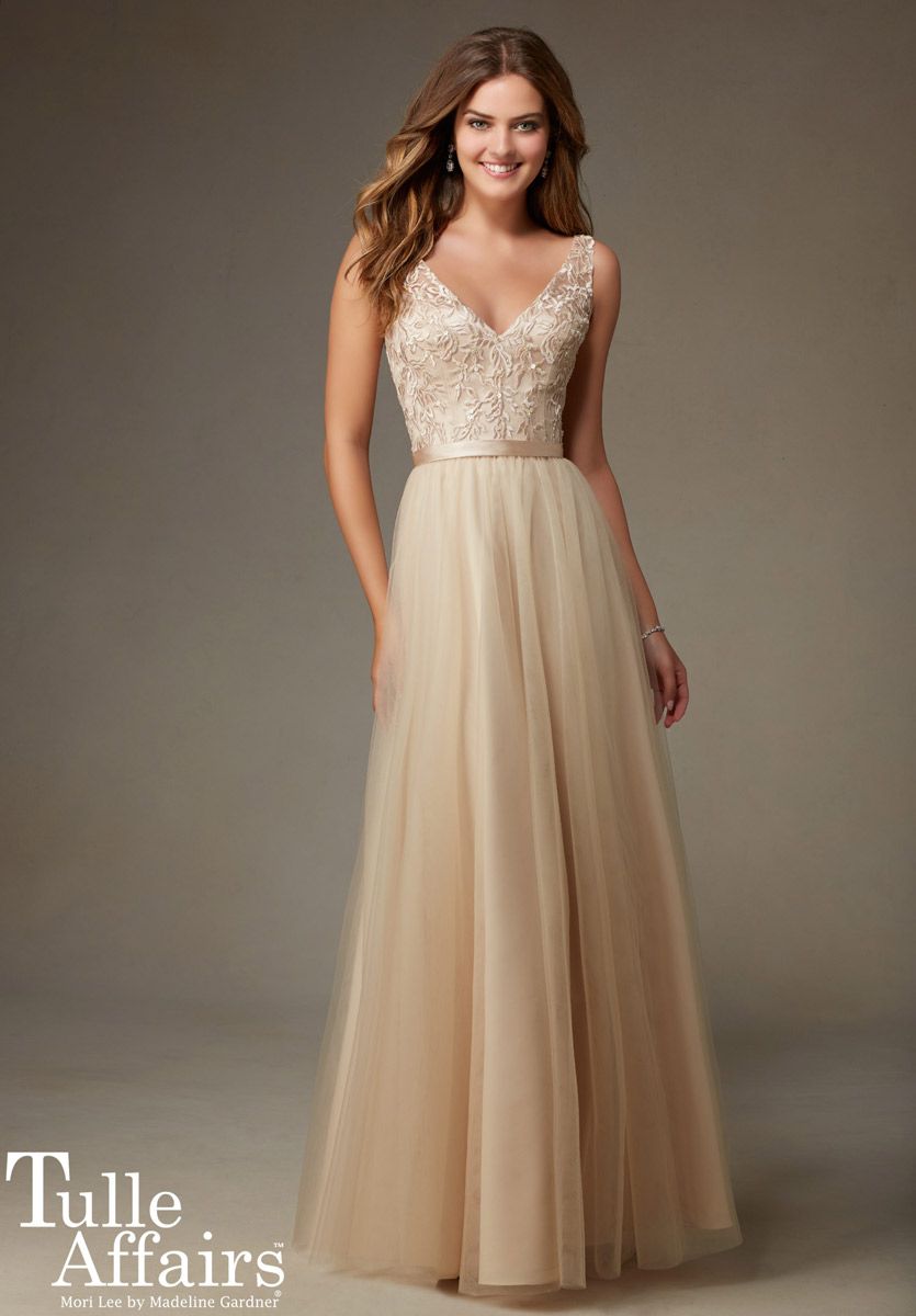 Mori Lee Tulle Affairs 134 Long V Neck Bridesmaid Dress French