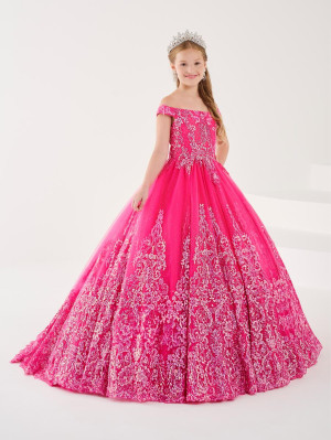 Size 10 Fuchsia Tiffany Princess 13738 Girls Floral Glitter Ball Gown