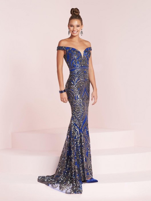 off the shoulder sequin prom dress