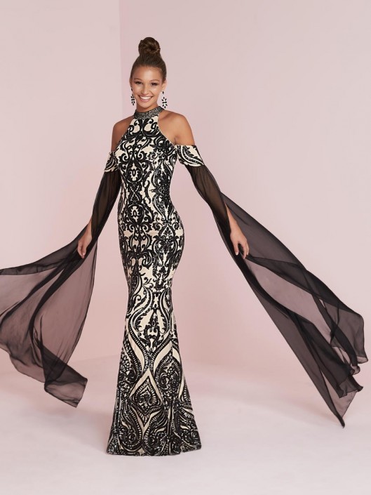 prom dress with mesh sleeves