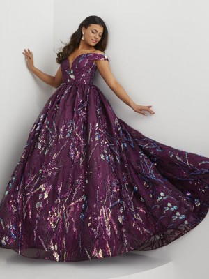 Panoply 14128 Off Shoulder Floral Sequin Ball Gown