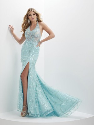 Panoply 14144 Sheer Sequin Feather Halter Gown