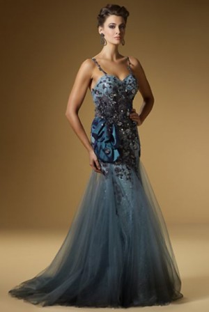 Rina di Montella 1503 Teal Beaded Tulle Formal Dress