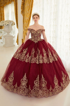 Ladivine 15705 Tiered Gold Lace Quinceanera Dress