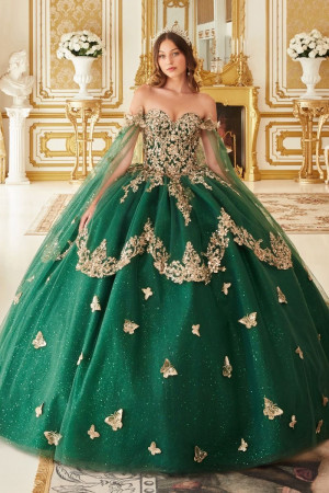 Ladivine 15721 Floral Gold Lace Quinceanera Dress