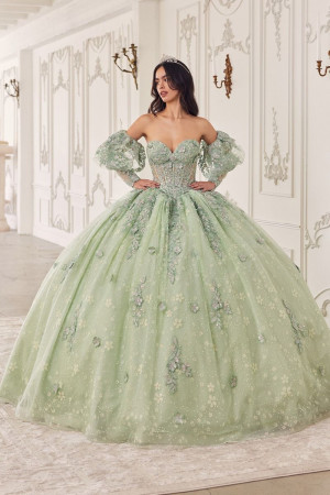 Ladivine 15722 Floral Lace Puff Sleeve Quinceanera Dress