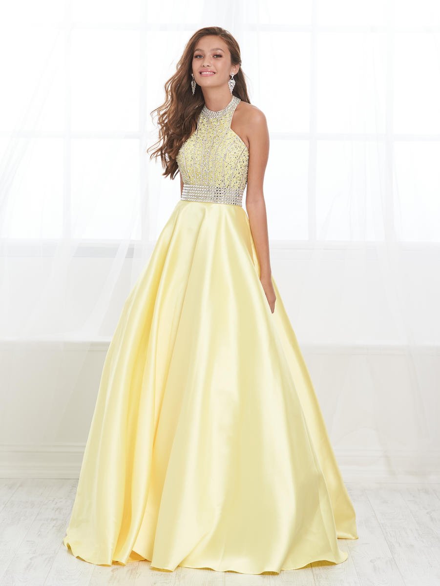 yellow halter prom dress