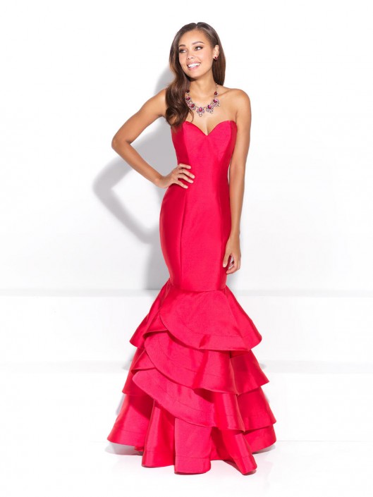 red mermaid prom dress with ruffle bottom