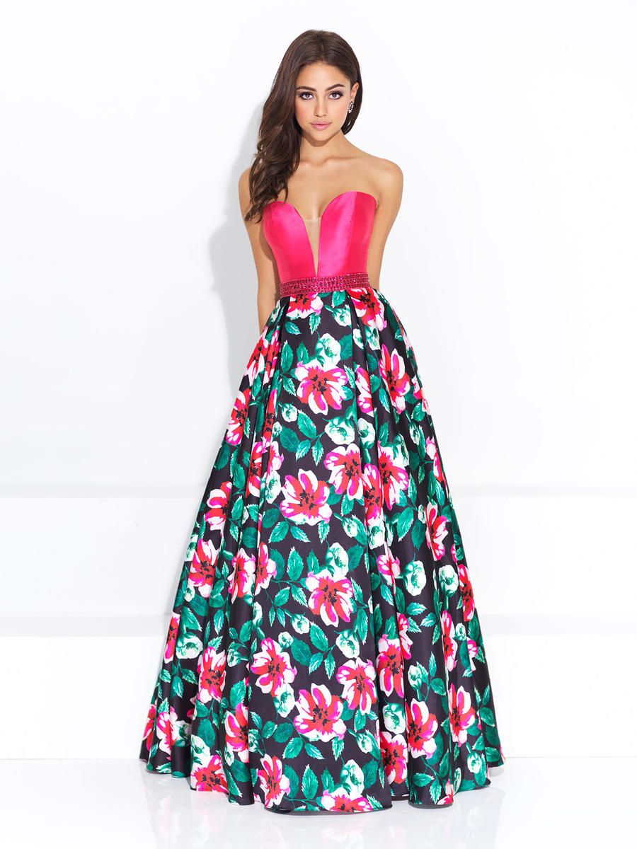 French Novelty: Madison James 17-239 V Neck Floral Print Ball Gown