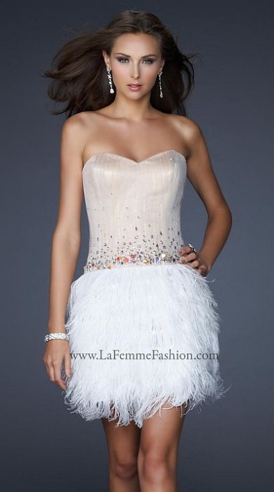 white dress with feather skirt