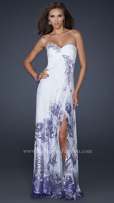 purple and white formal dresses