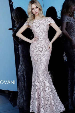 Jovani 1814 Off Shoulder Lace Evening Dress