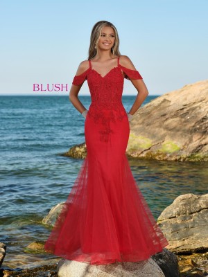 Blush 20520 Off Shoulder Lace Corset Prom Dress