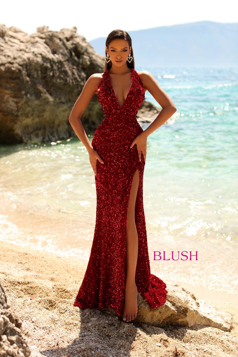 French Novelty: Blush 20552 Fringe Back Velvet Sequin Gown