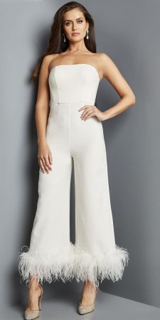 Jovani 22590 Cropped Jumpsuit with Feathers