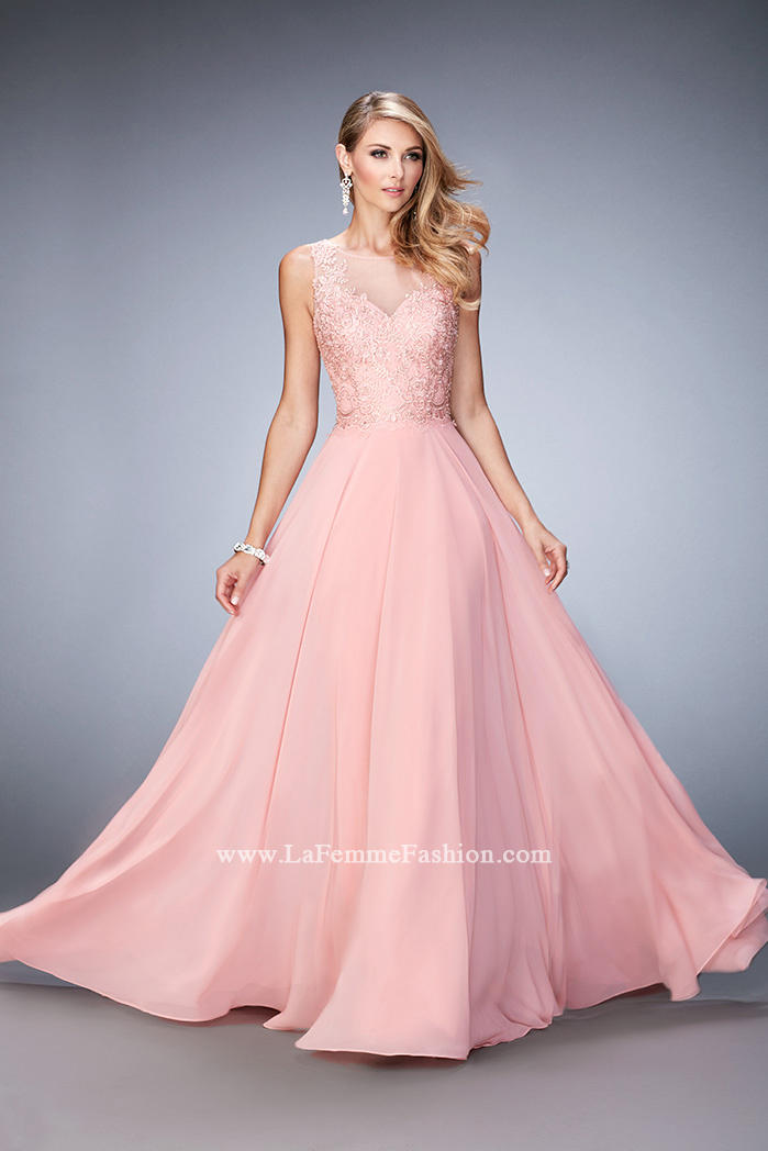 French Novelty: Gigi by La Femme 22824 Chiffon Gown with Beaded Lace