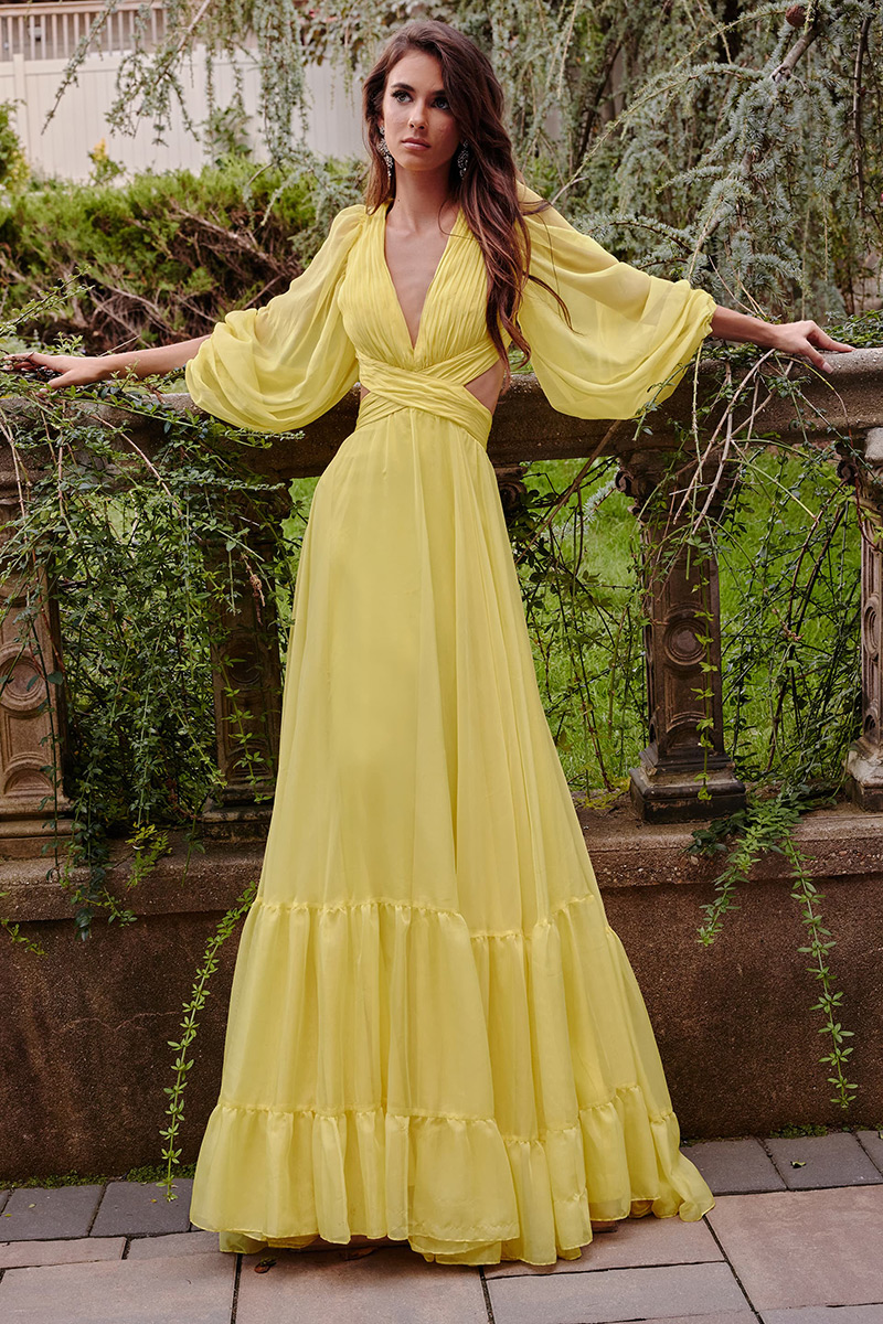 French Novelty Jovani 23325 Tie Up Back Long Sleeve Prom Dress