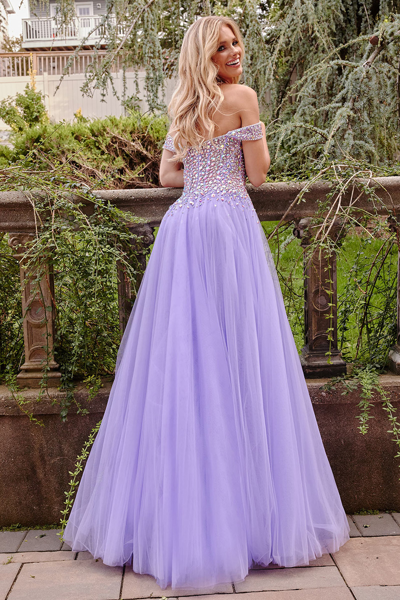 French Novelty: Jovani 23963 Beaded Off Shoulder Ball Gown