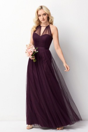 Size 14 Eggplant Wtoo 242 Sheer High Neck Bridesmaid Gown