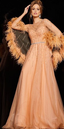 Jovani 24559 A-Line Gown with Sheer Feather Trim Cape