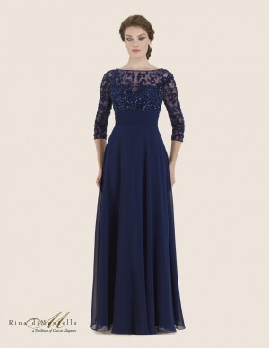 Size 14 Navy Rina Di Montella 2626 Three Quarter Sleeve Gown