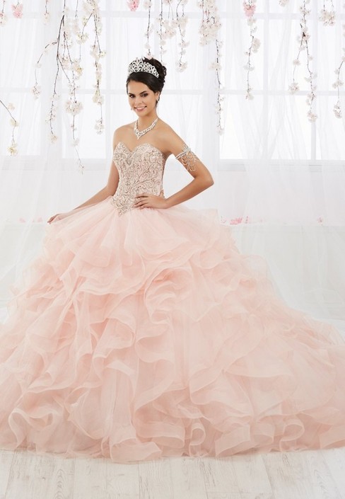 pink ruffled quinceanera dresses
