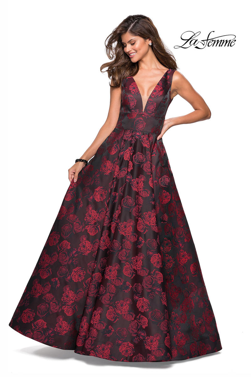 French Novelty La Femme 27298 Floral Jacquard Prom Dress with Pockets