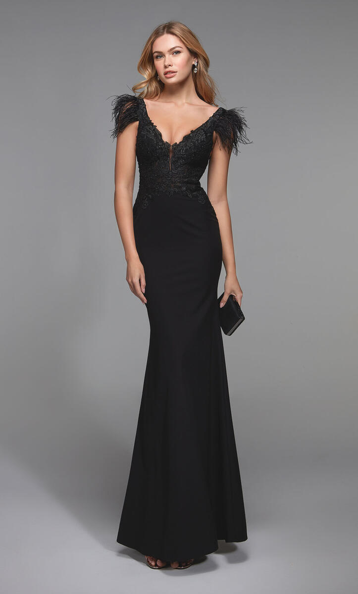 French Novelty Alyce 27543 Dramatic Feather Cap Sleeve Gown