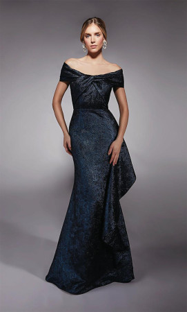 Size 10 Navy Alyce Paris 27774 Off Shoulder Jacquard Gown
