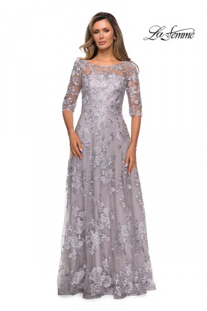 La Femme 27854 Elbow Sleeve Lace Gown