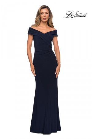 La Femme 27959 Off Shoulder Navy Evening Dress
