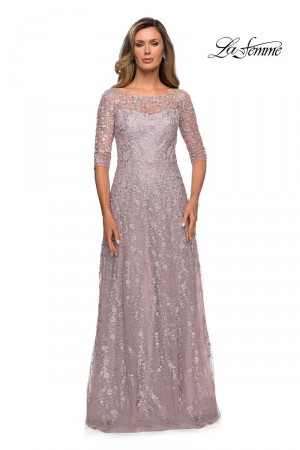 La Femme 27981 Sheer Sleeve Lace Gown