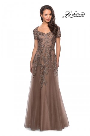 La Femme 28037 Short Sleeve Lace Gown