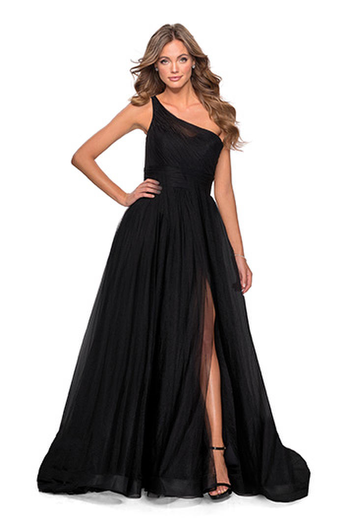 black one shoulder ball gown