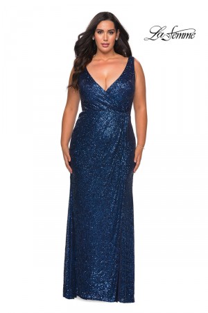 La Femme Curve 29046 Sequin V Neck Plus Size Dress