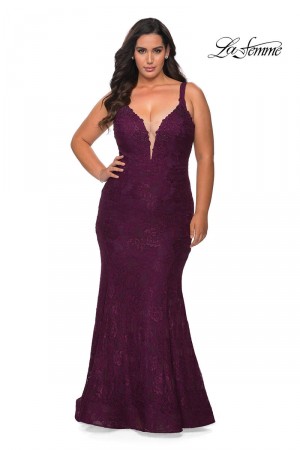 La Femme Curve 29052 Deep V Lace Plus Size Dress