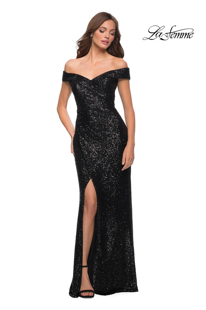 French Novelty: La Femme 29831 Sequin Off Shoulder Prom Dress
