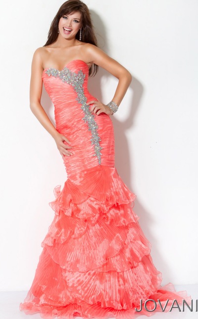 red mermaid prom dress with ruffle bottom