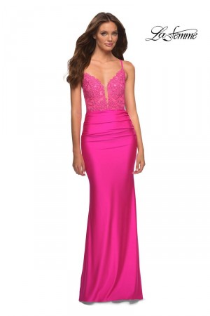 La Femme 30606 Neon Pink Lace Top Prom Dress
