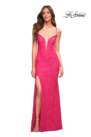 La Femme 30686 Plunging V Stretch Lace Prom Dress