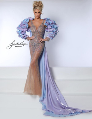 Johnathan Kayne 3084 Beaded Gown with Ruffle Cape
