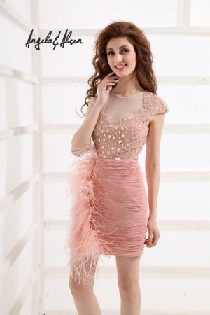 Angela and Alison 31002 Sheer Feather Cocktail Dress
