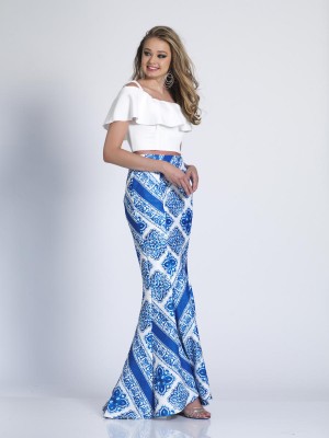 Size 4 Print Dave and Johnny 3104 Ruffle Neck 2 Piece Prom Dress