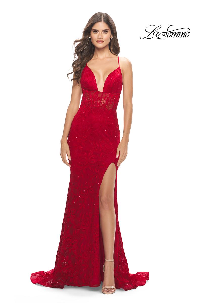 La Femme 31249 Stretch Lace Low Cut Prom Dress