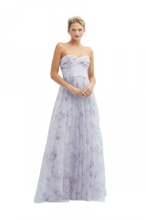 Size 0 Lilac Haze Garden Dessy Collection 3129FP Odette Strapless Floral Tulle Gown
