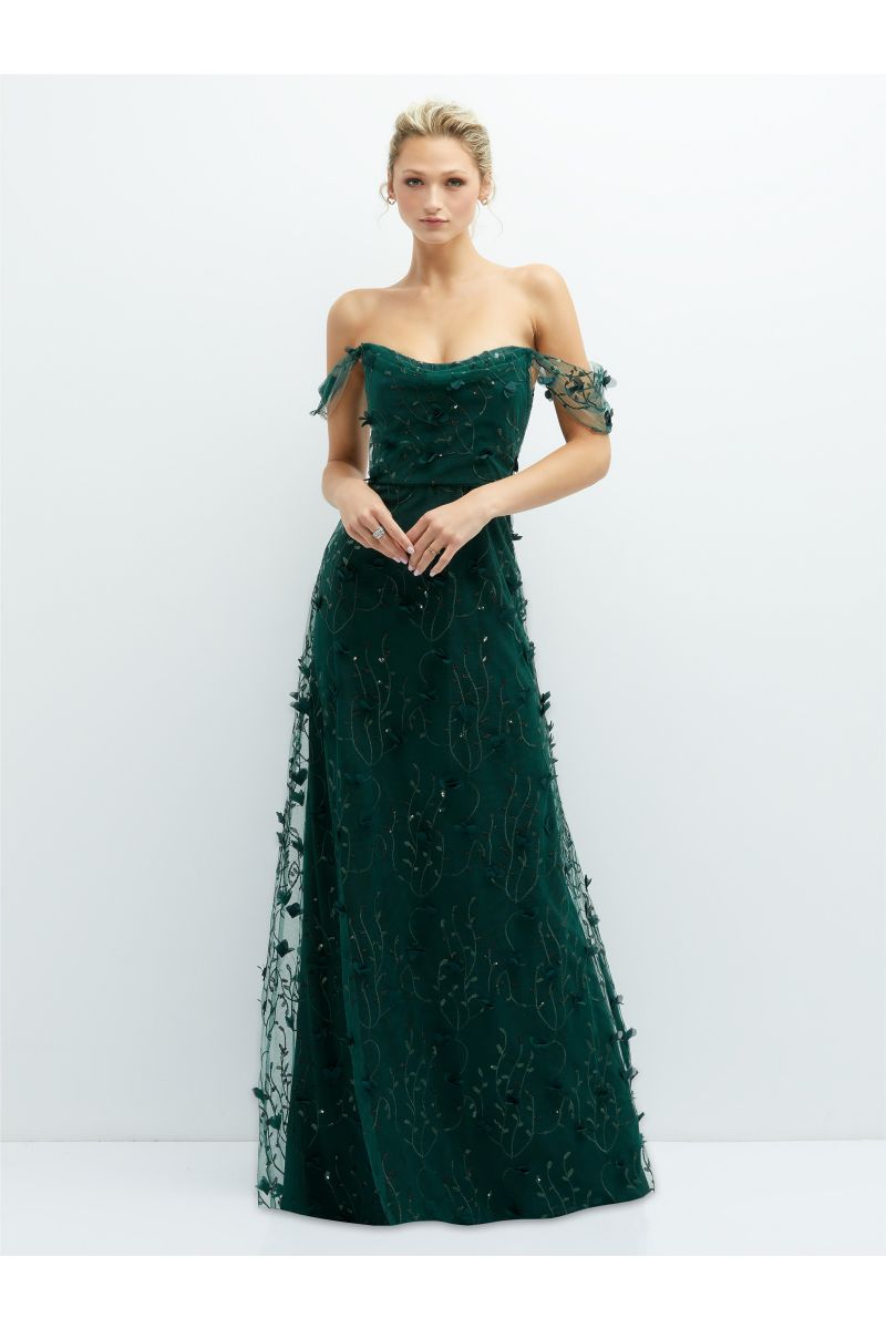 French Novelty Dessy Collection 3135 Birch Off Shoulder 3D Sequin Gown