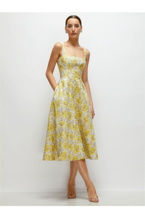 Dessy Collection 3172GYF Yellow Floral Midi Bridesmaid Dress