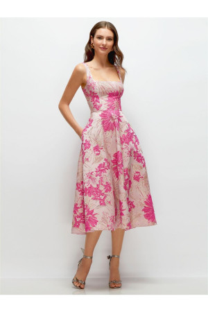 Dessy Collection 3172HPJ Pink Floral Midi Bridesmaid Dress