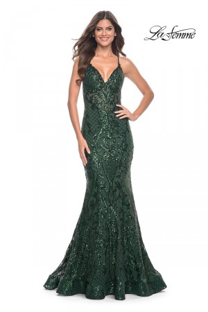 La Femme 31943 Low Back Print Sequin Prom Dress